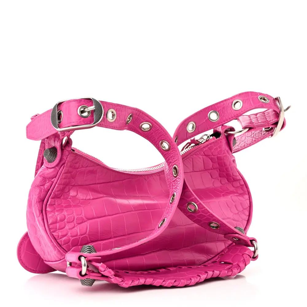 Balenciaga XS Le Cagole Shoulder Bag Lipstick Pink Crocodile Extra Embossed Supple Calfskin Leather Silver Hardware - 图片 3