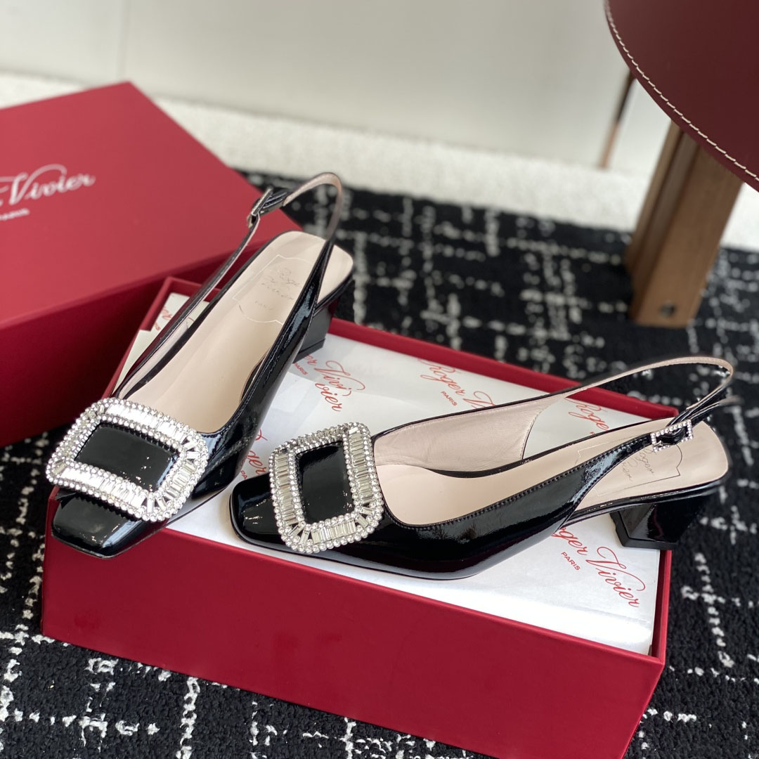 Roger Vivier Belle Viver Slingback Pumps High Heels In Black Patent Leather With Crystal Buckle (Heel Height 4.5cm) - 图片 4