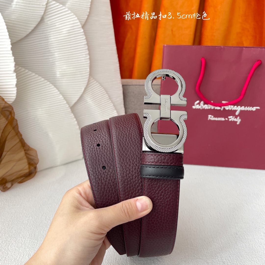 Ferragamo Men's Double Gancini Buckle Reversible Belt In Blue/Black/Burgundy Grained Calfskin With Gold/Silver/Black Hardware 35mm - 图片 8
