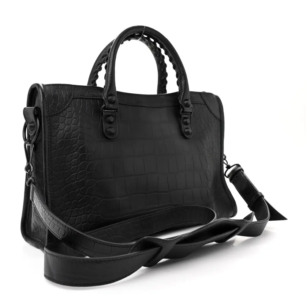 Balenciaga S City Classic Black Crocodile Embossed Matte Supple Lambskin Leather Incognito Hardware - 图片 3