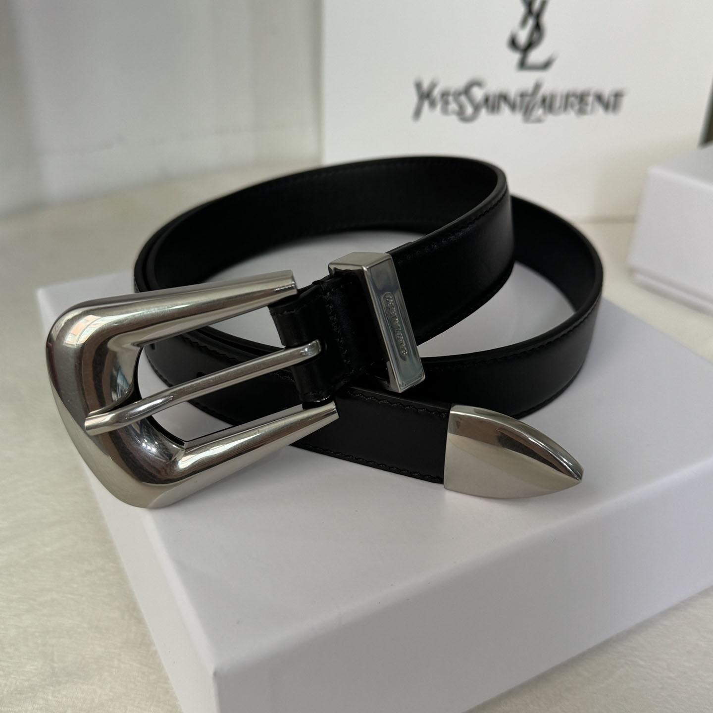 Saint Laurent Folk Buckle Belt In Black Brushed Leather With Gold/Silver Hardware 25mm - 图片 7