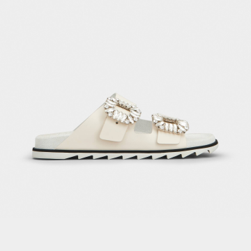 Roger Vivier Slidy Viv' Mules Sandals In White Leather With Crystal Buckle