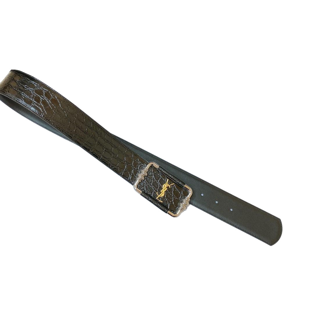 Saint Laurent Cintura Logo Buckle Belt In Black Crocodile-Embossed With Silver/Gold Hardware 30mm - 图片 2