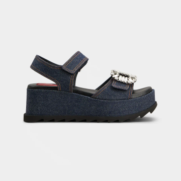 Roger Vivier Slidy Viv' Wedge Sandals In Blue Denim With Crystal Buckle (Heel Height 6.5cm)