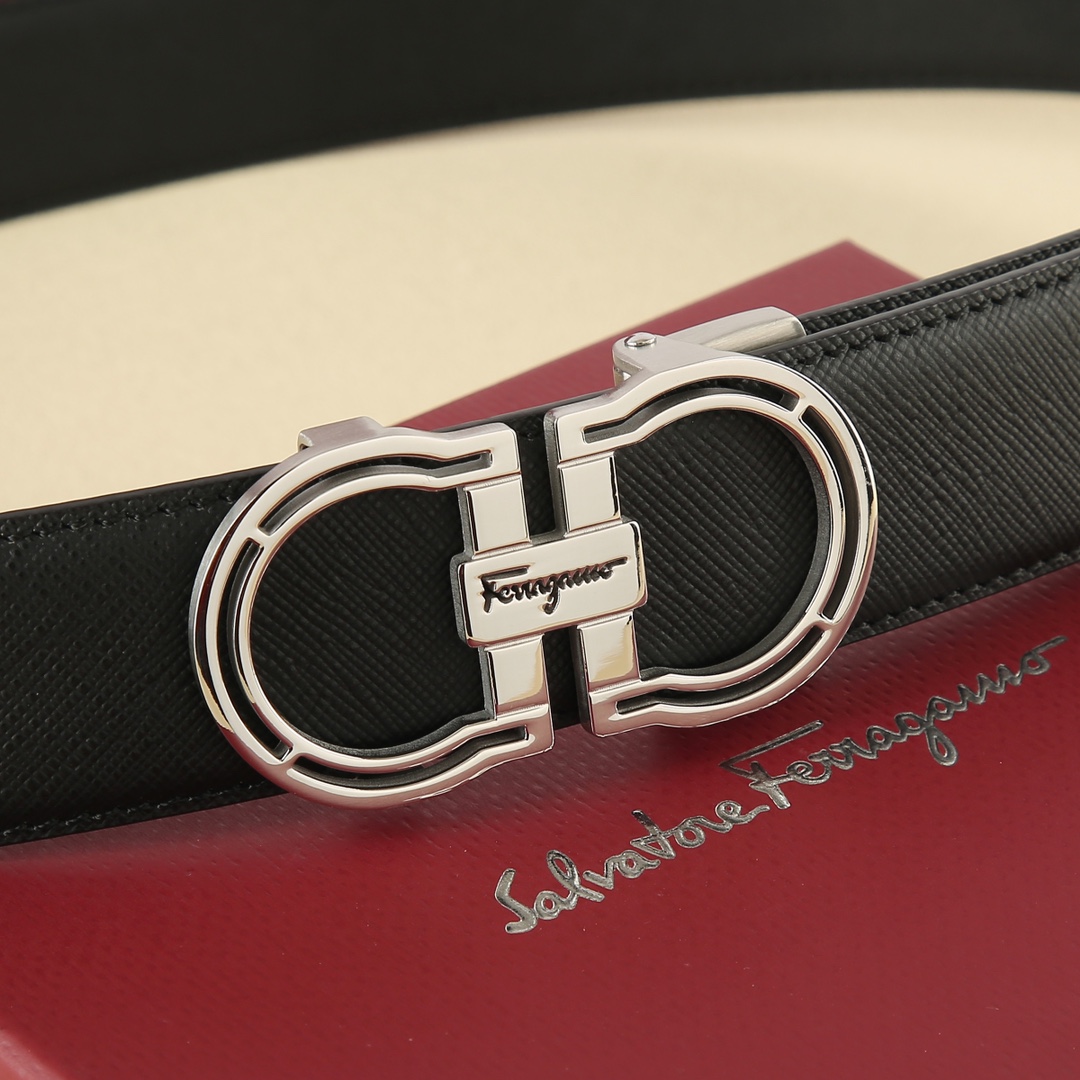 Ferragamo Men's Hollow Double Gancini Buckle Belt In Black Calfskin With Gold/Silver Hardware 35mm - 图片 5