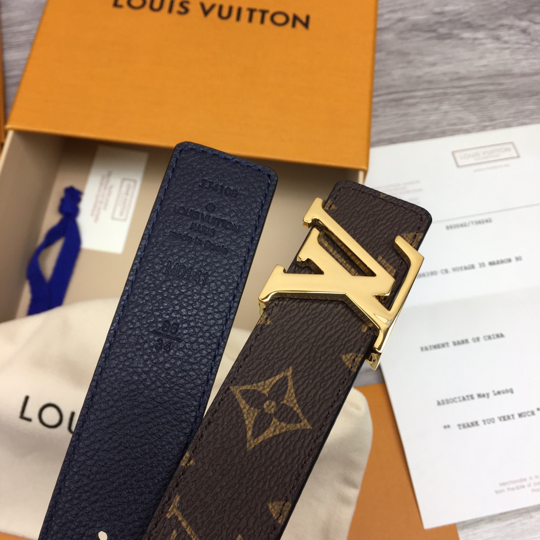 Louis Vuitton Women's Initiales Reversible Belt In Bkue/Black/Grey/Brown/Burgundy/Red/Pink Calfskin And Monogram Canvas With Gold Hardware 30mm - 图片 6
