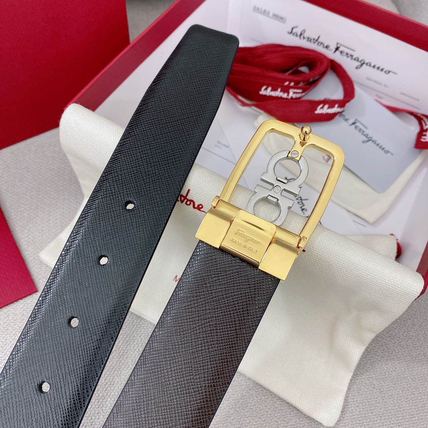 Ferragamo Men's Square Buckle Belt In Black/Coffee Grained Calfskin With Gold/Silver Hardware 35mm - 图片 8