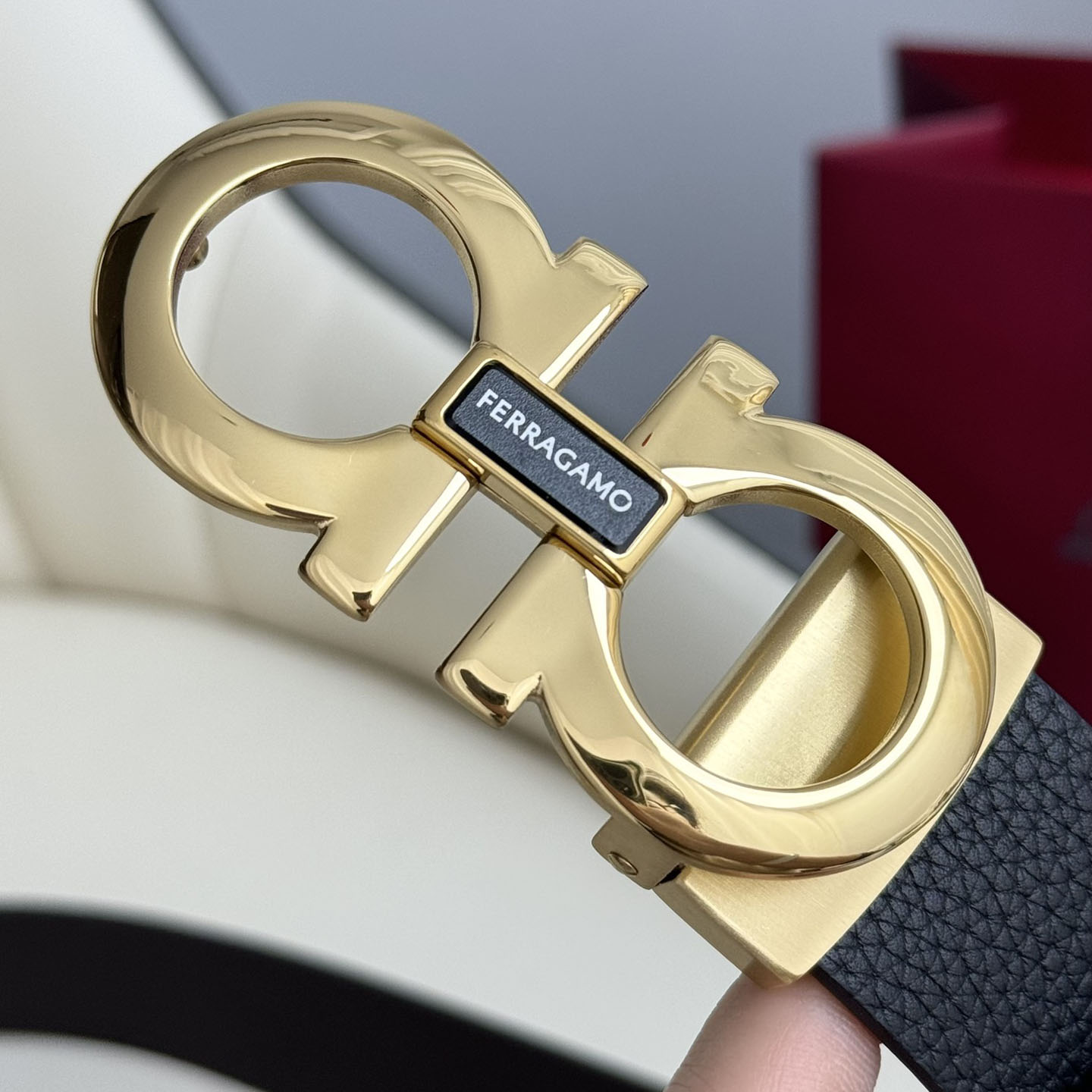 Ferragamo Men's Double Gancini Buckle Belt In Black Grained Calfskin With Gold/Silver/Black Hardware 35mm - 图片 7