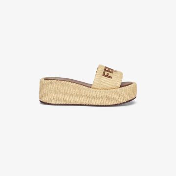 FENDI Beige cotton platform sandals slippers