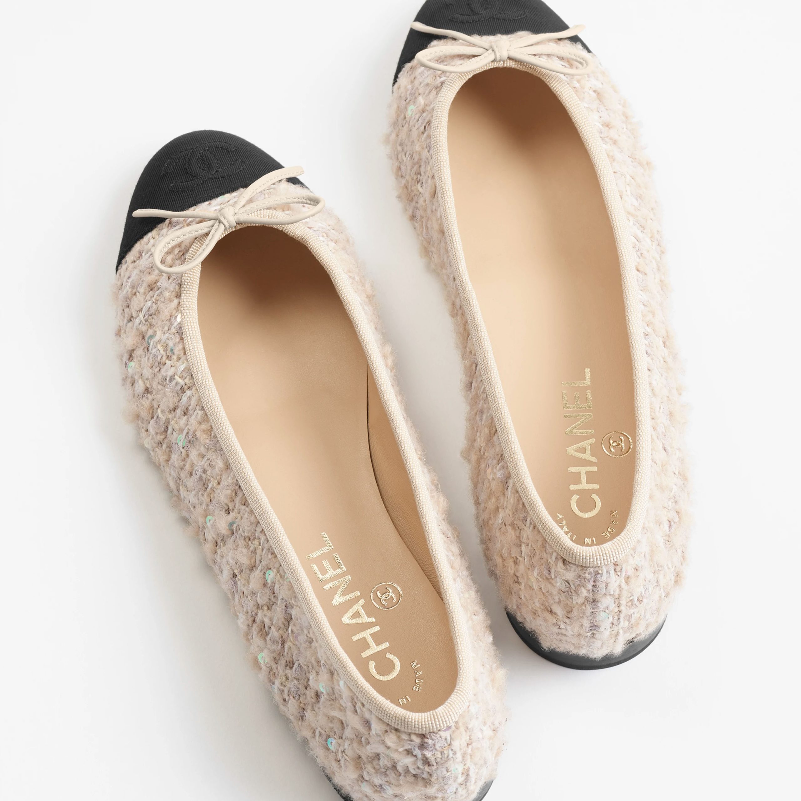 Chanel Twill soft woolen and satin beige, pale yellow, milky white and black flat shoes Ballet Shoes - 图片 4