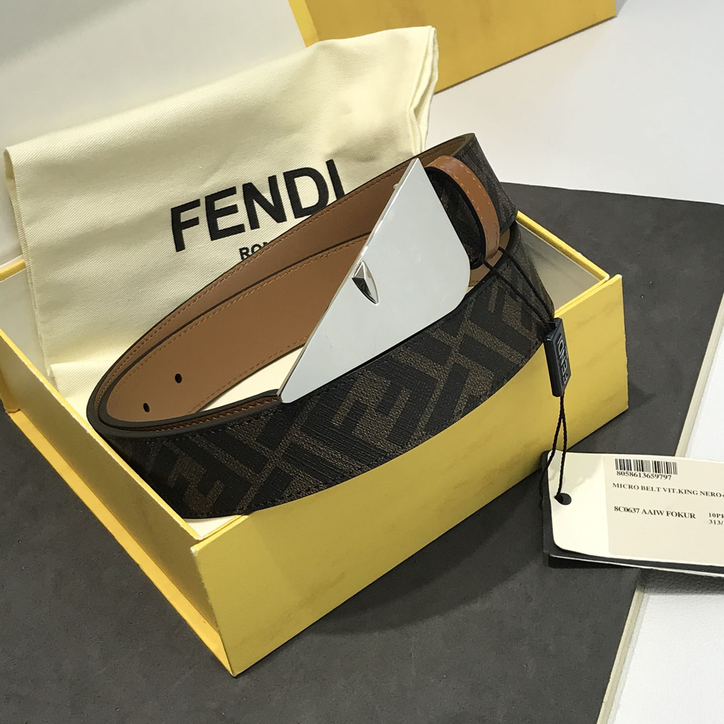 Fendi Men's FF Monster Eyes Belt In Brown/Black Saffiano Leather With Gold/Silver Hardware 35mm - 图片 5
