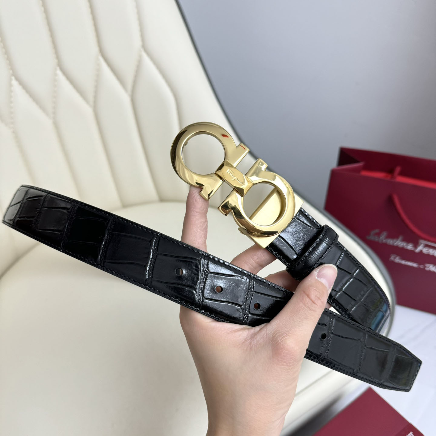 Ferragamo Men's Double Gancini Buckle Reversible Belt In Black Crocodile-Embossed Calfskin With Gold/Silver/Black Hardware 35mm - 图片 3