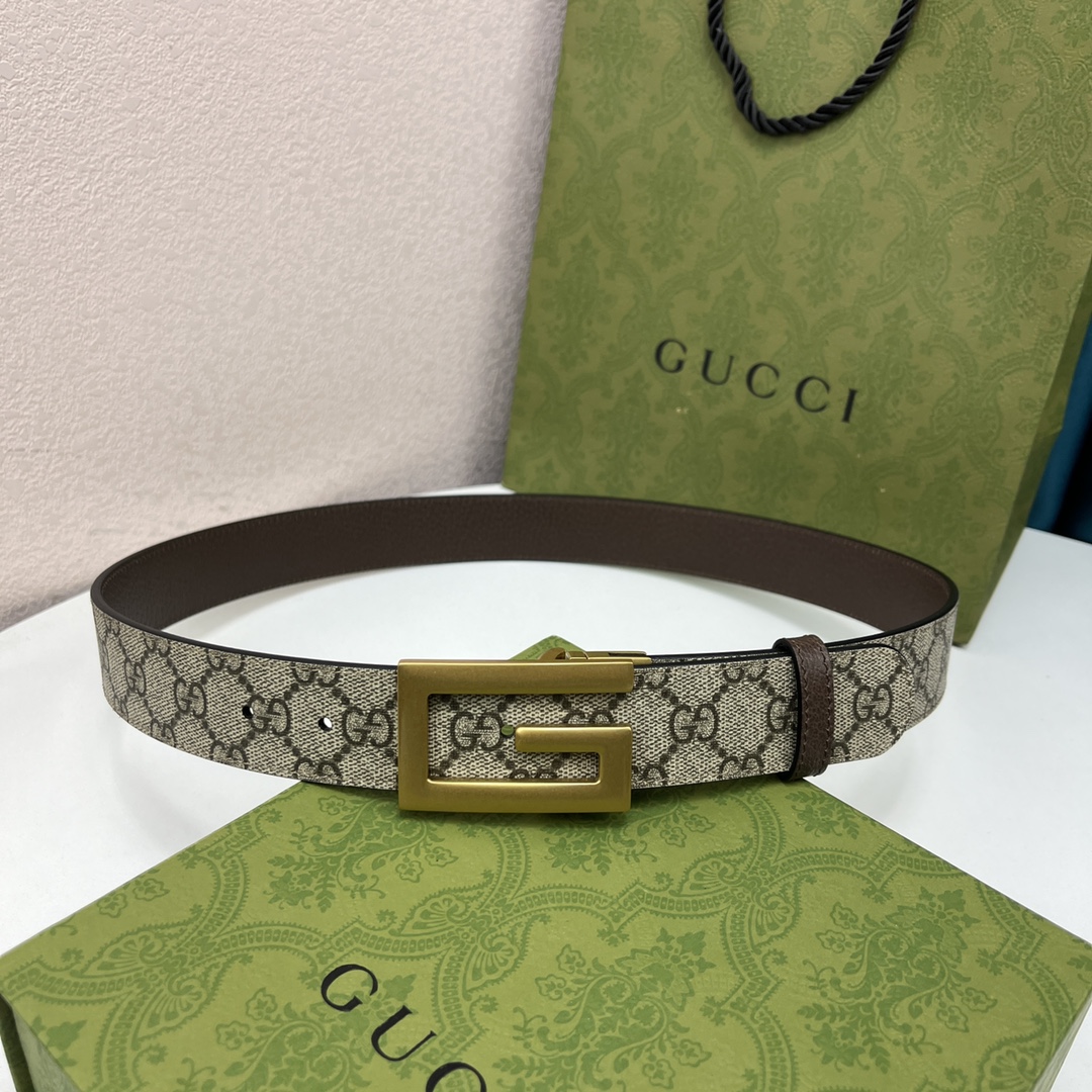 Gucci Men's Square G Buckle Reversible Belt In Black/Brown/Beige Monogram Calfskin And Canvas With Gold/Silver Hardware 25mm - 图片 3