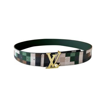 Louis Vuitton Men's Initiales Pearls Reversible Belt In Green/Red Damier Canvas With Gold/Silver Hardware 40mm
