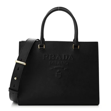 Prada Medium Lux Logo Embossed Shoulder Tote Handbag Black Saffiano Leather