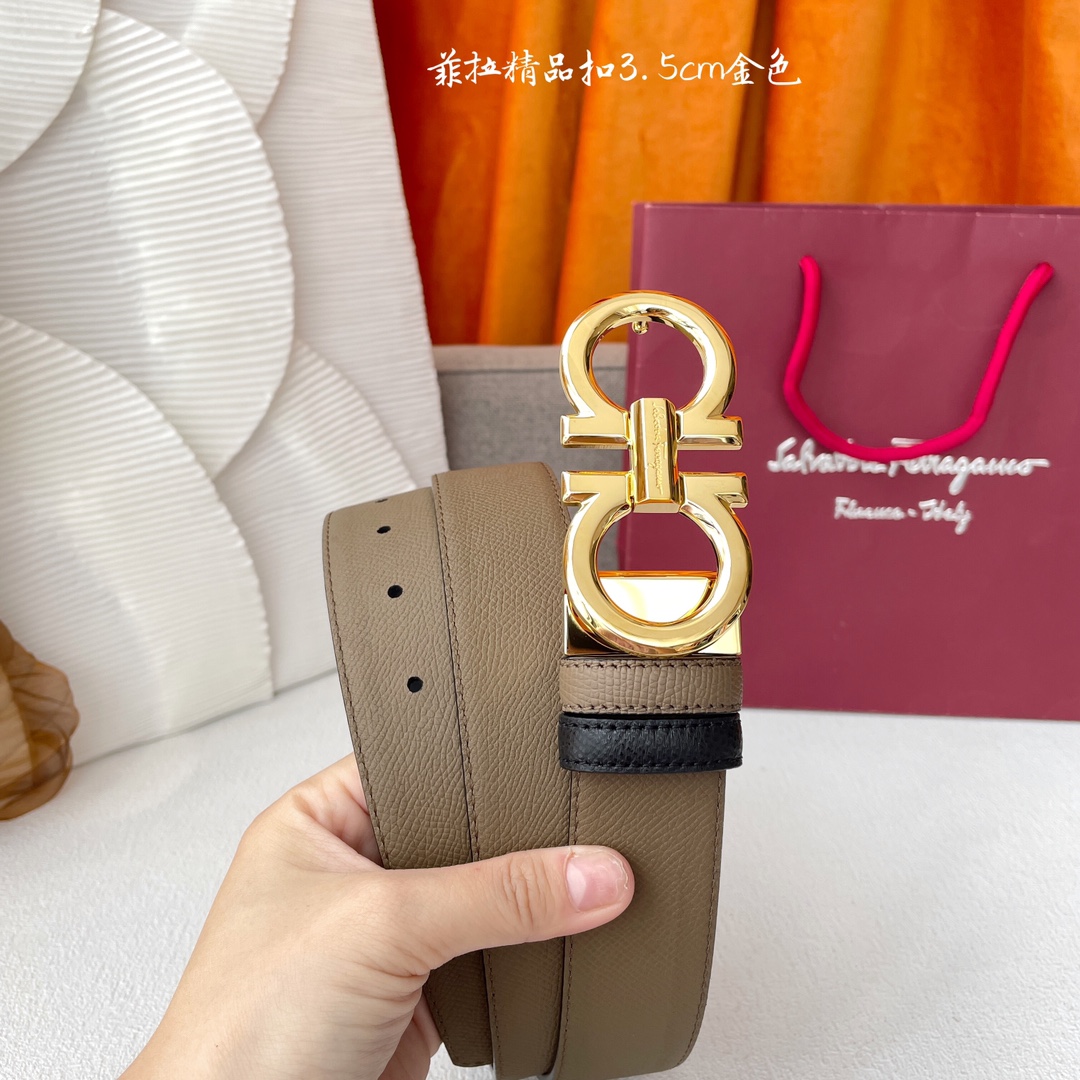 Ferragamo Men's Double Gancini Buckle Reversible Belt In Khaki/Black Calfskin With Gold/Silver/Gun Black Hardware 35mm - 图片 2