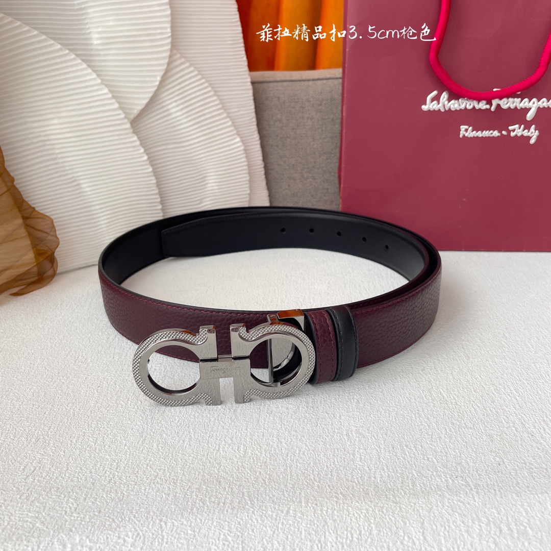 Ferragamo Men's Double Gancini Buckle Reversible Belt In Blue/Black/Burgundy Grained Calfskin With Gold/Silver/Black Hardware 35mm - 图片 7