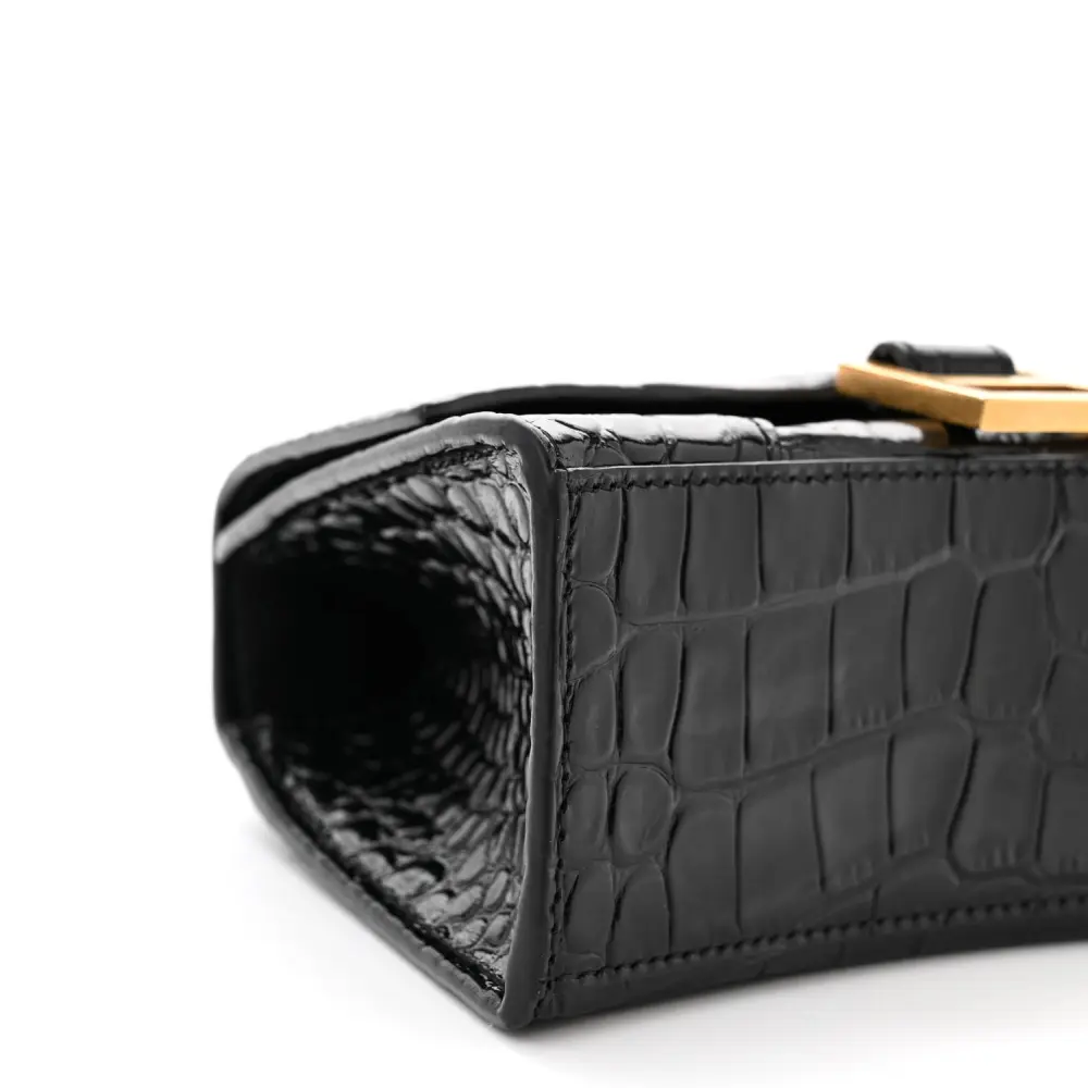 Balenciaga XS Hourglass Top Handle Bag Black Crocodile Embossed Shiny Calfskin Leather Gold Hardware - 图片 5