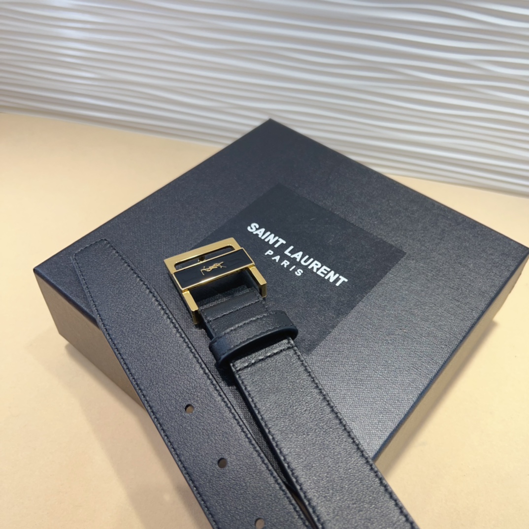 Saint Laurent GIO Belt In Black Box Calfskin With Gold/Silver Hardware 30mm - 图片 6