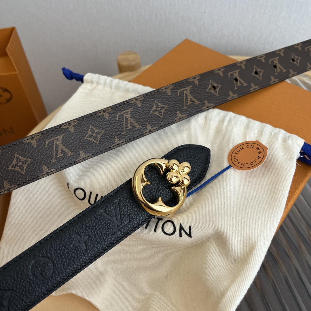 Louis Vuitton Women's Flowergram Round Buckle Reversible Belt In Black/White/Brown Calfskin And Monogram Canvas With Gold Hardware 30mm - 图片 5