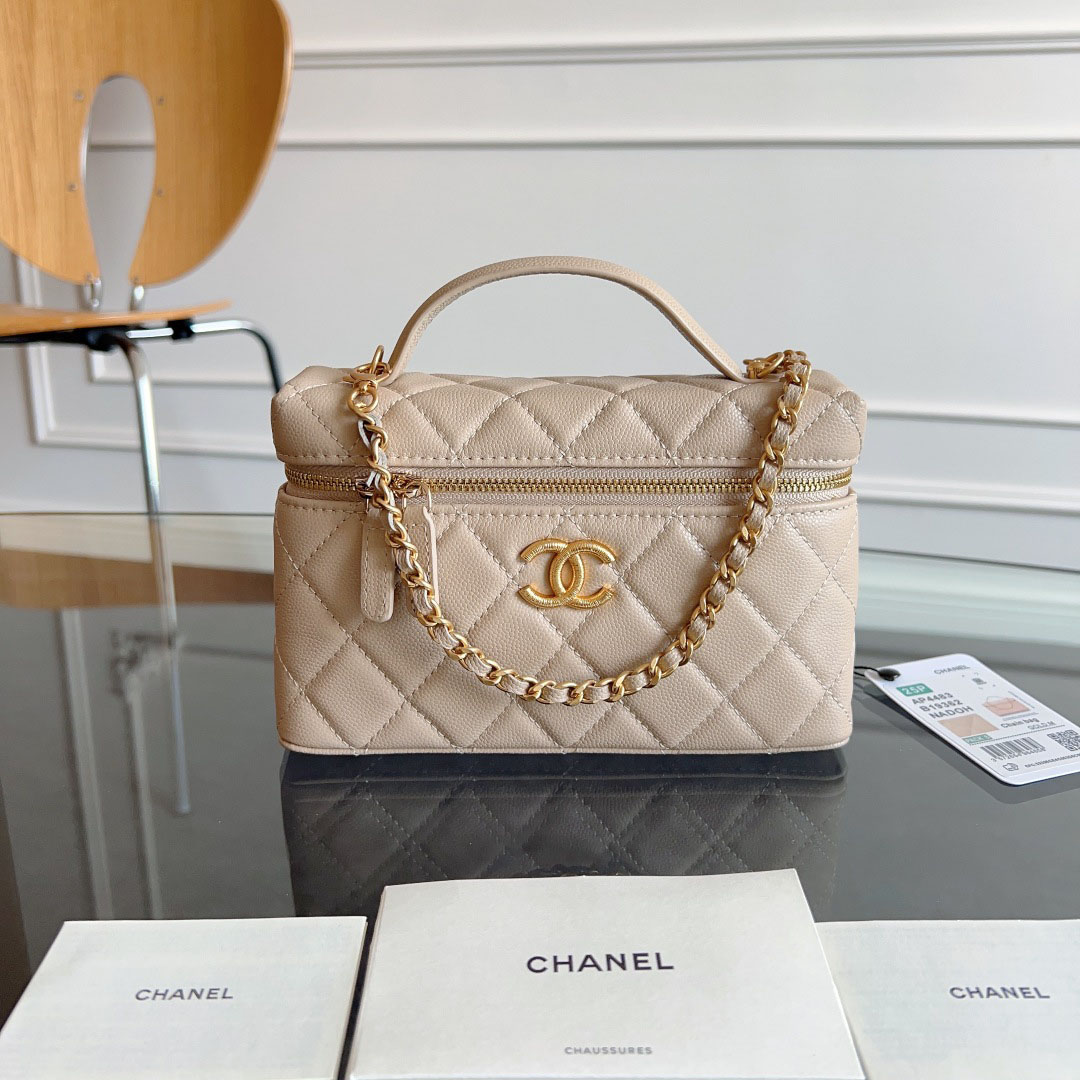 Chanel Apricot color / Yellow / Pink / white / Grey / Black Quilted Caviar Leather handle makeup bag handbag - 图片 2