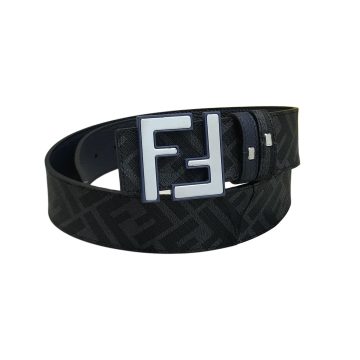 Fendi Men's Rounded FF Reversible Belt In Black/Blue Calfskin And Monogram Canvas With Silver Hardware 38MM