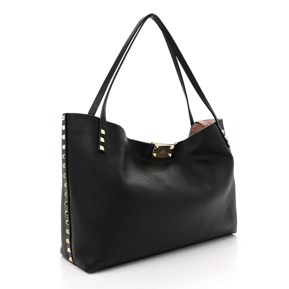 Valentino Garavani Medium Rockstud Tote Black/Rose Quartz Grainy Calfskin Leather Gold Hardware - 图片 3