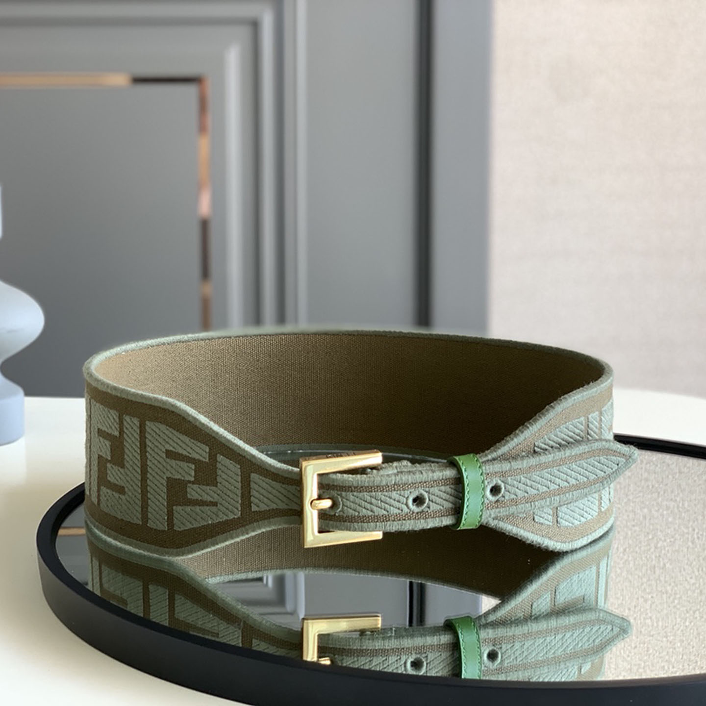 Fendi Women's Belt In Green/Black/Beige/Yellow FF Logo Embroidery Canvas With Gold Hardware 60mm - 图片 9
