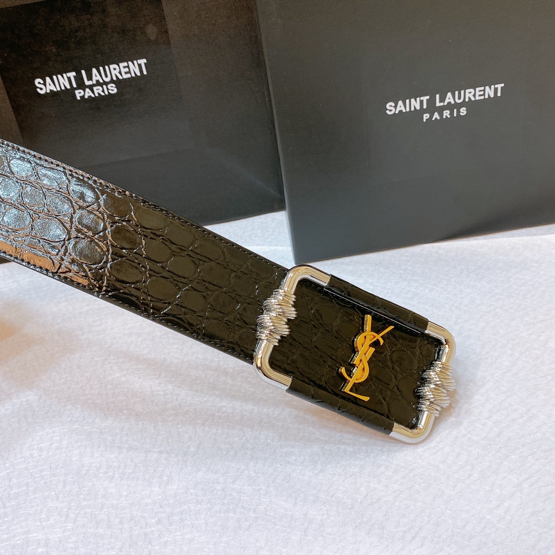 Saint Laurent Cintura Logo Buckle Belt In Black Crocodile-Embossed With Silver/Gold Hardware 30mm - 图片 4