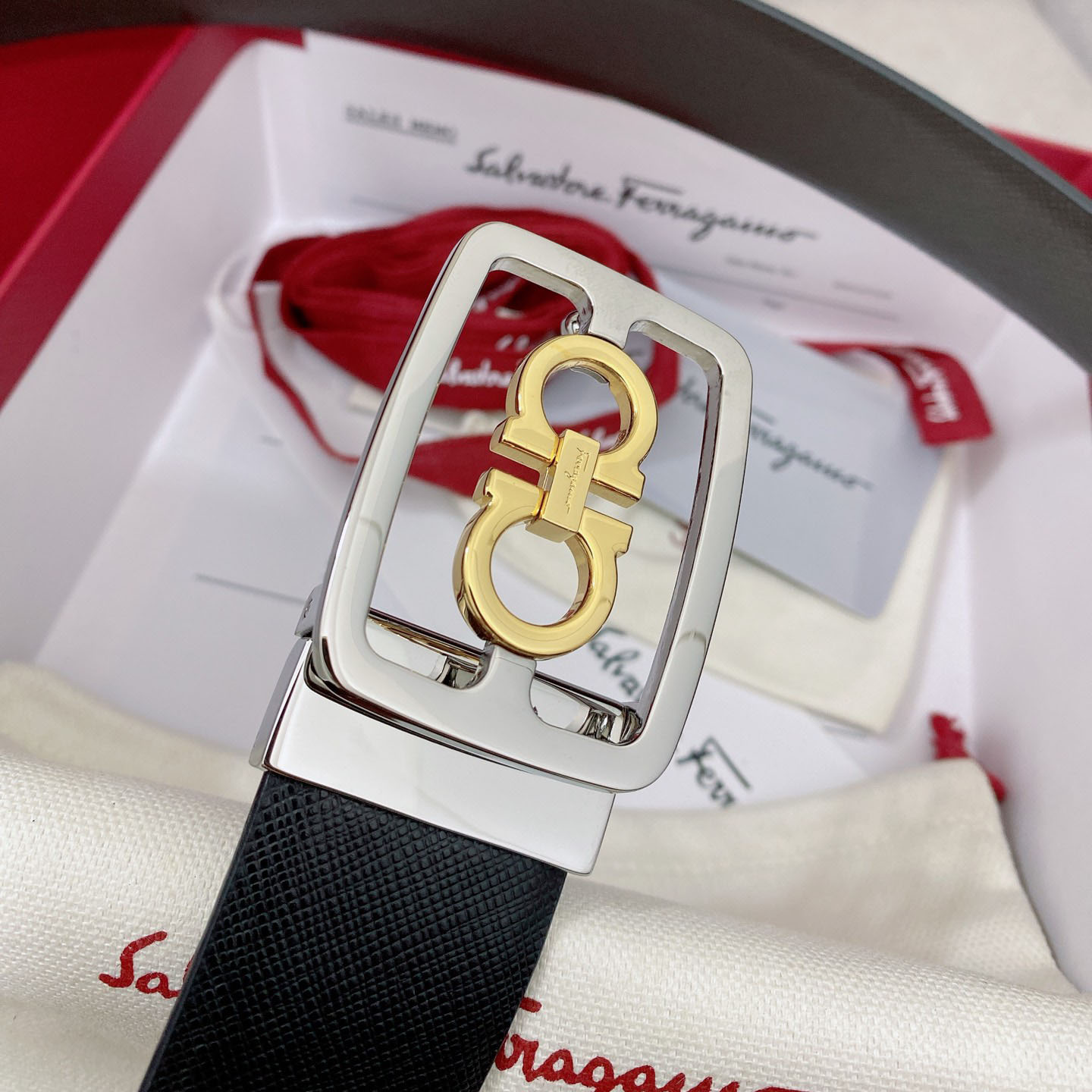 Ferragamo Men's Square Buckle Belt In Black/Coffee Grained Calfskin With Gold/Silver Hardware 35mm - 图片 4