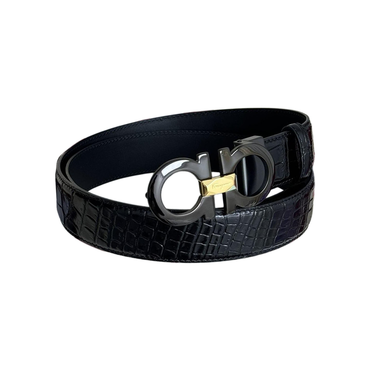 Ferragamo Men's Double Gancini Buckle Reversible Belt In Black Crocodile-Embossed Calfskin With Gold/Silver/Black Hardware 35mm - 图片 10