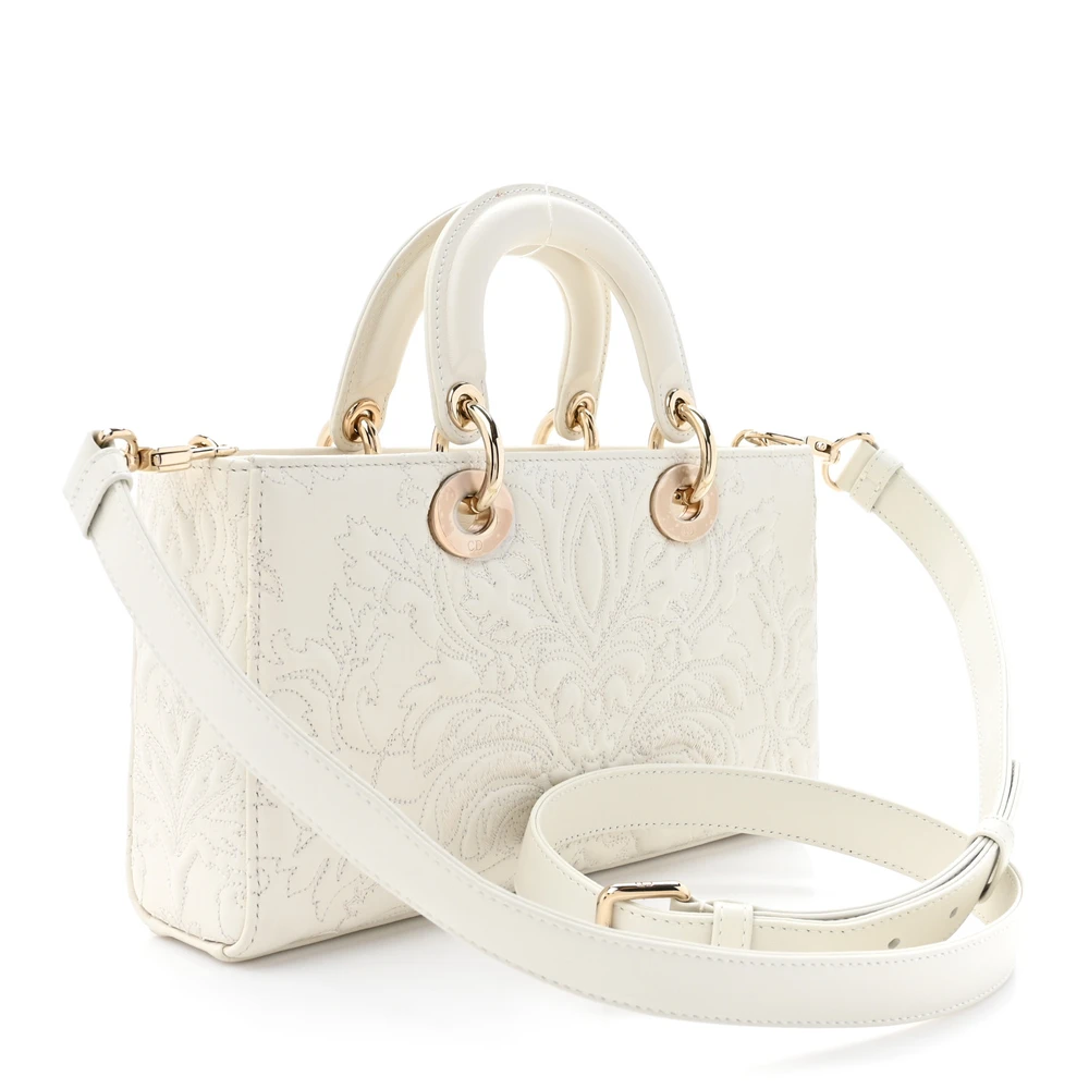 Dior Medium Lady D-Joy White Ornamental Embroidered Calfskin Leather Gold Hardware - 图片 3