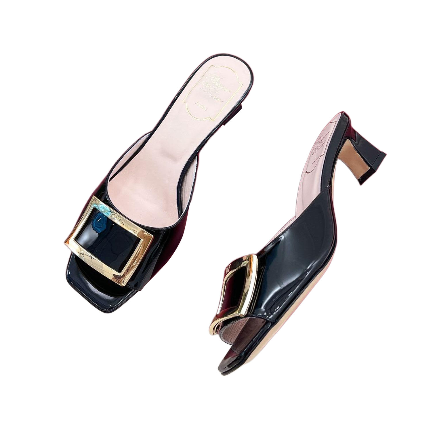 Roger Vivier Trompette Mules High Heels In White/Black/Beige/Pink Patent Leather With Metal Buckle (Heel Height 4.5cm) - 图片 3