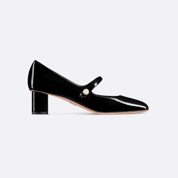 Dior black patent leather square head thick heel high heels shoes