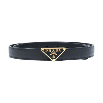 Prada Women' s Triangled Buckle Belt In Black Calfskin With Gold/Silver Hardware 30mm