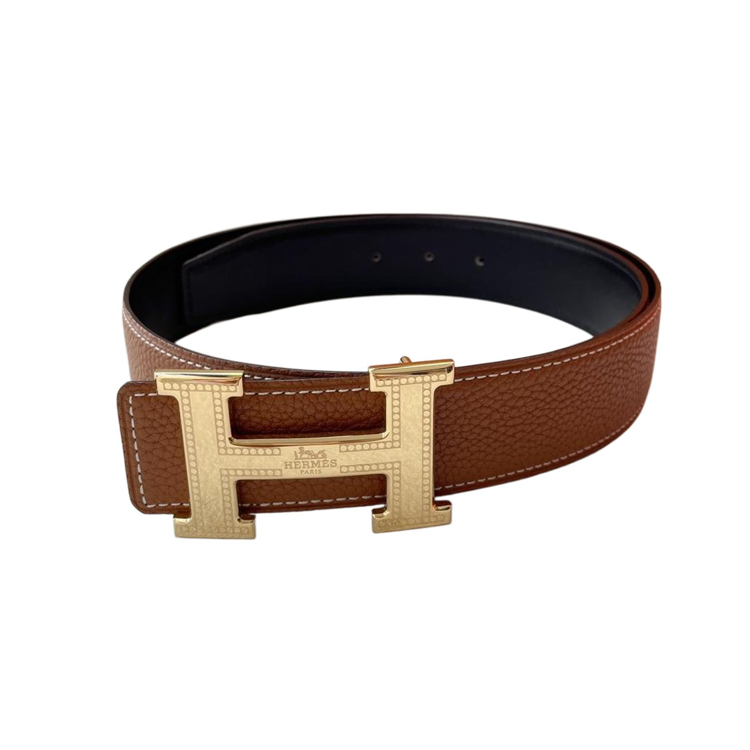 Hermès Men' s H Buckle Belt In Black/Etoupe/Brown Calfskin With Gold/Silver Hardware 38mm - 图片 4