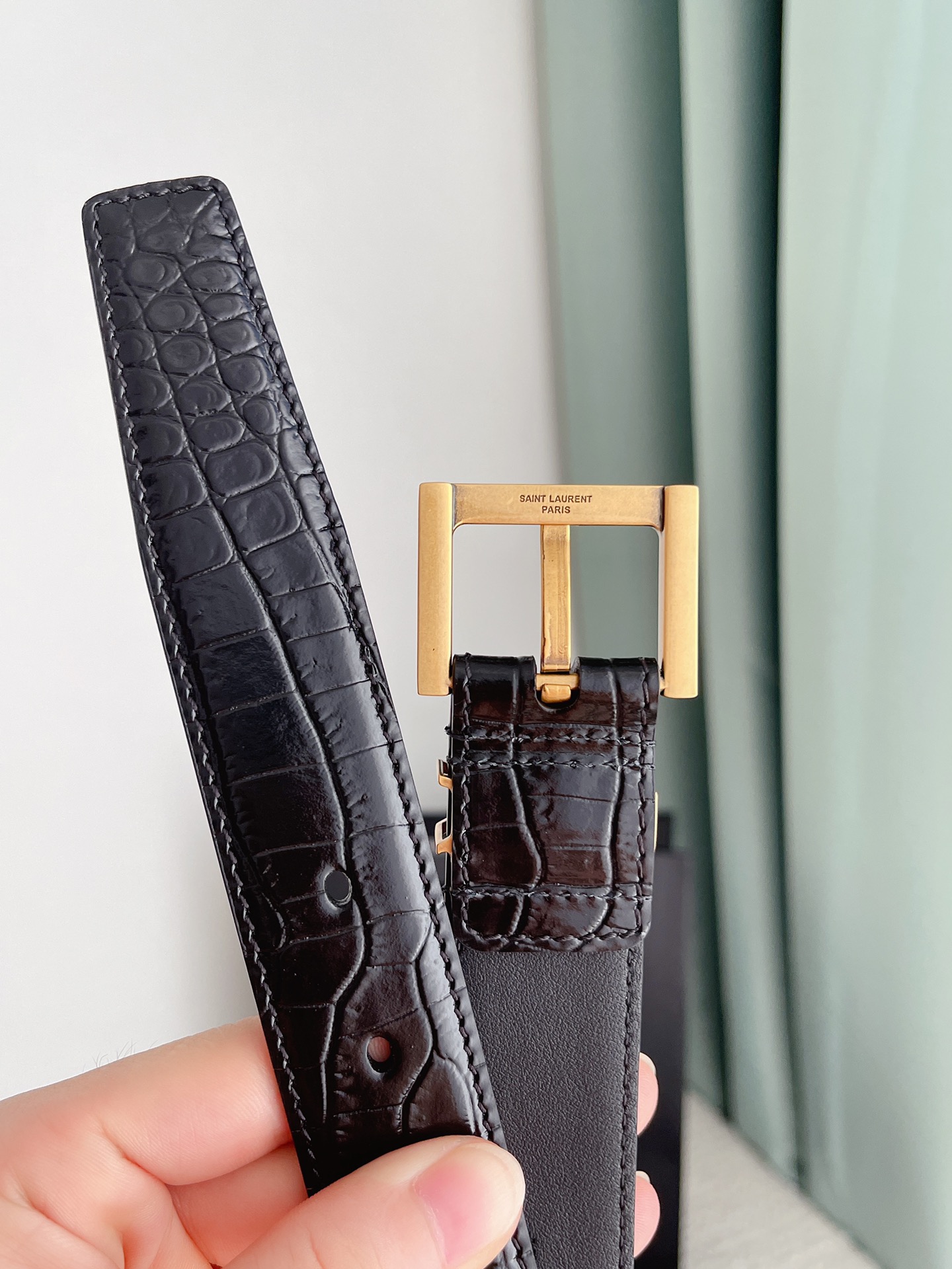 Saint Laurent Cassandre Belt In Black Crocodile-Embossed Calfskin With Gold/Silver/Black Hardware 30mm - 图片 6