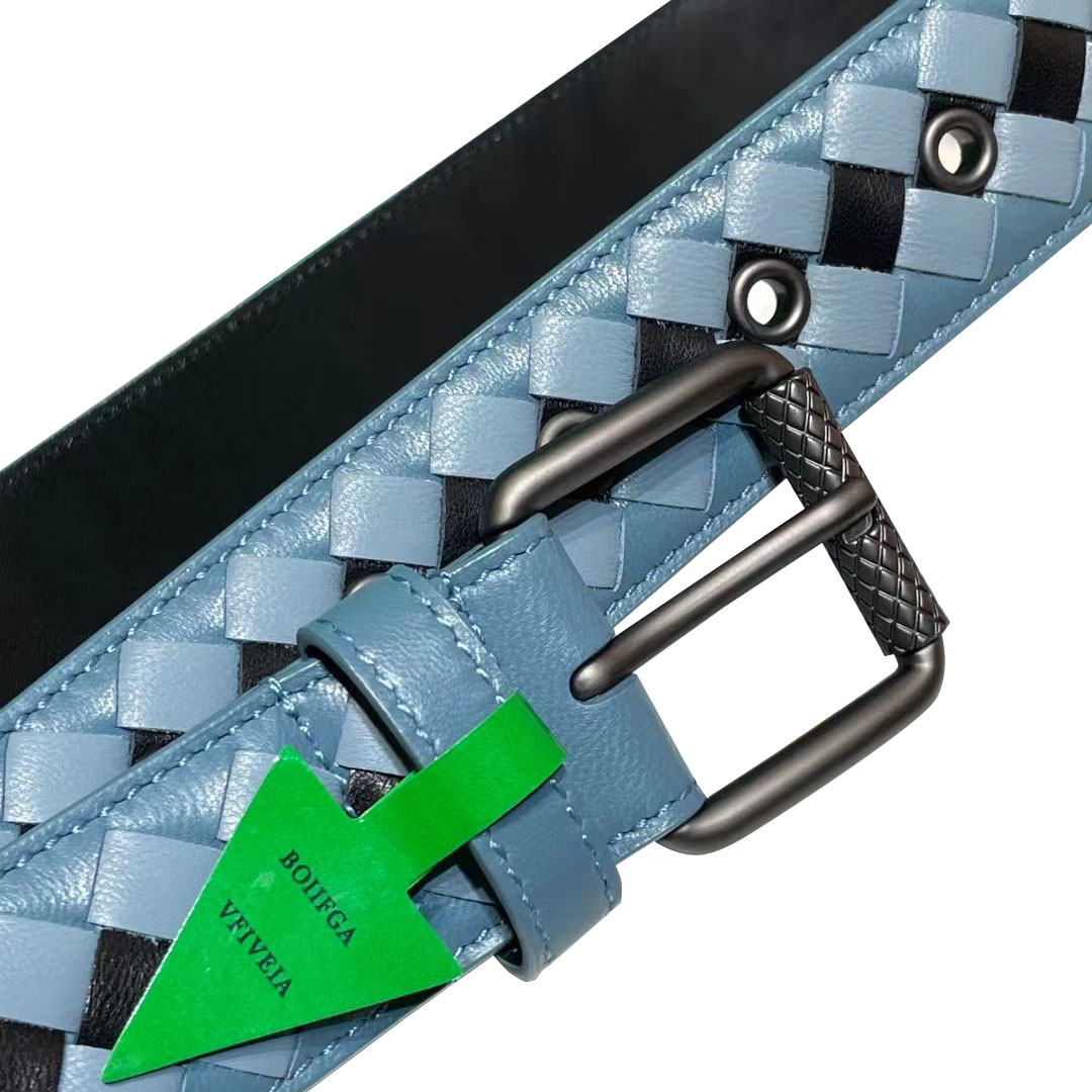 Bottega Veneta Men's Square Buckle Intrecciato Belt In Multicolor Calfskin With Silver/Matte Gun Black Hardware 35mm - 图片 3