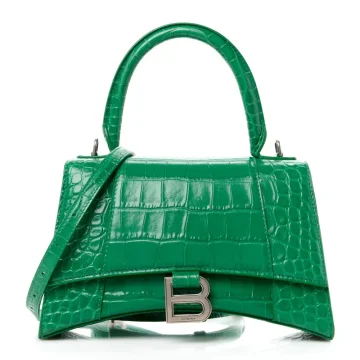Balenciaga Small Hourglass Top Handle Bag Leaf Green Crocodile Embossed Shiny Calfskin Leather Silver Hardware