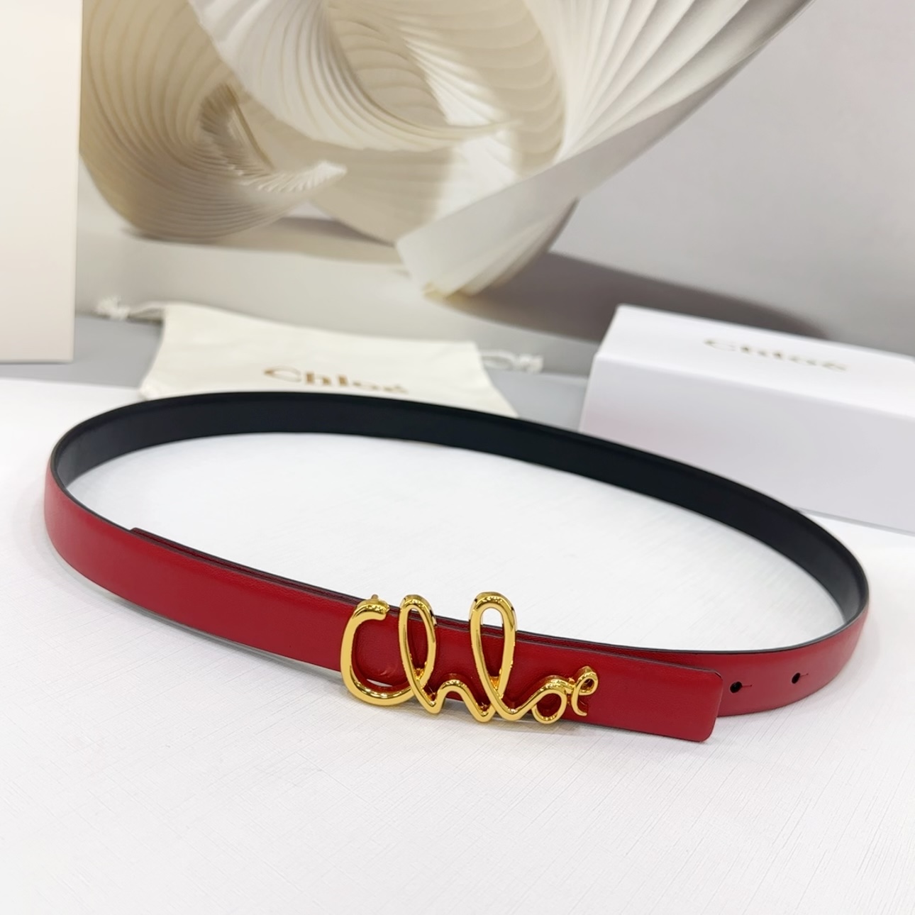 Chloe Logo Buckle Belt In Gold/Khaki/Brown/Red/Pink Calfskin With Gold Hardware 20mm - 图片 6