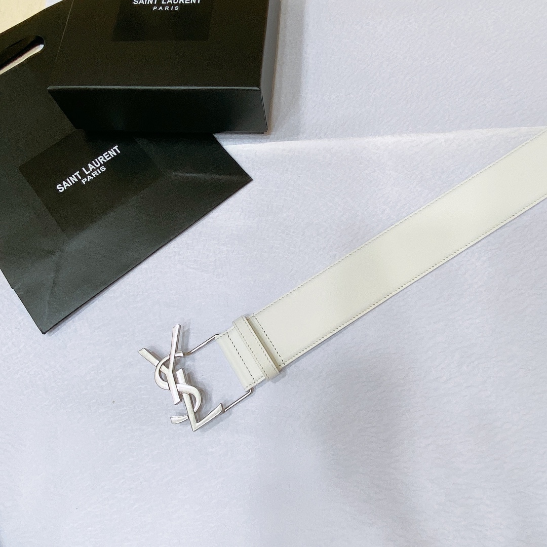 Saint Laurent Pairs Belt In White/Brown/Black/Coffee Smooth Calfskin With Gold Hardware 50mm - 图片 7