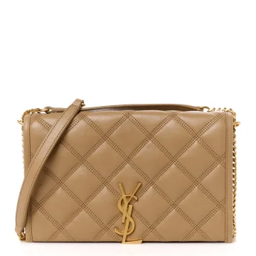 Saint Laurent Medium Becky Chain Wallet Natural Tan Diamond Quilted Lambskin Leather Gold Hardware