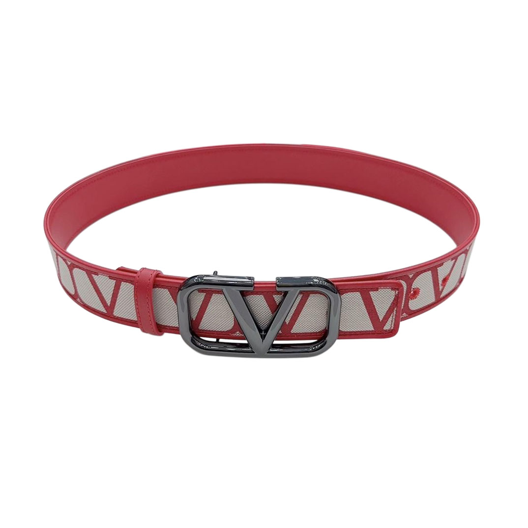 Valentino V Buckle Belt In Red/Black/Coffee Monogram Logo Calfskin With Gold/Gun Black Hardware 40mm - 图片 3