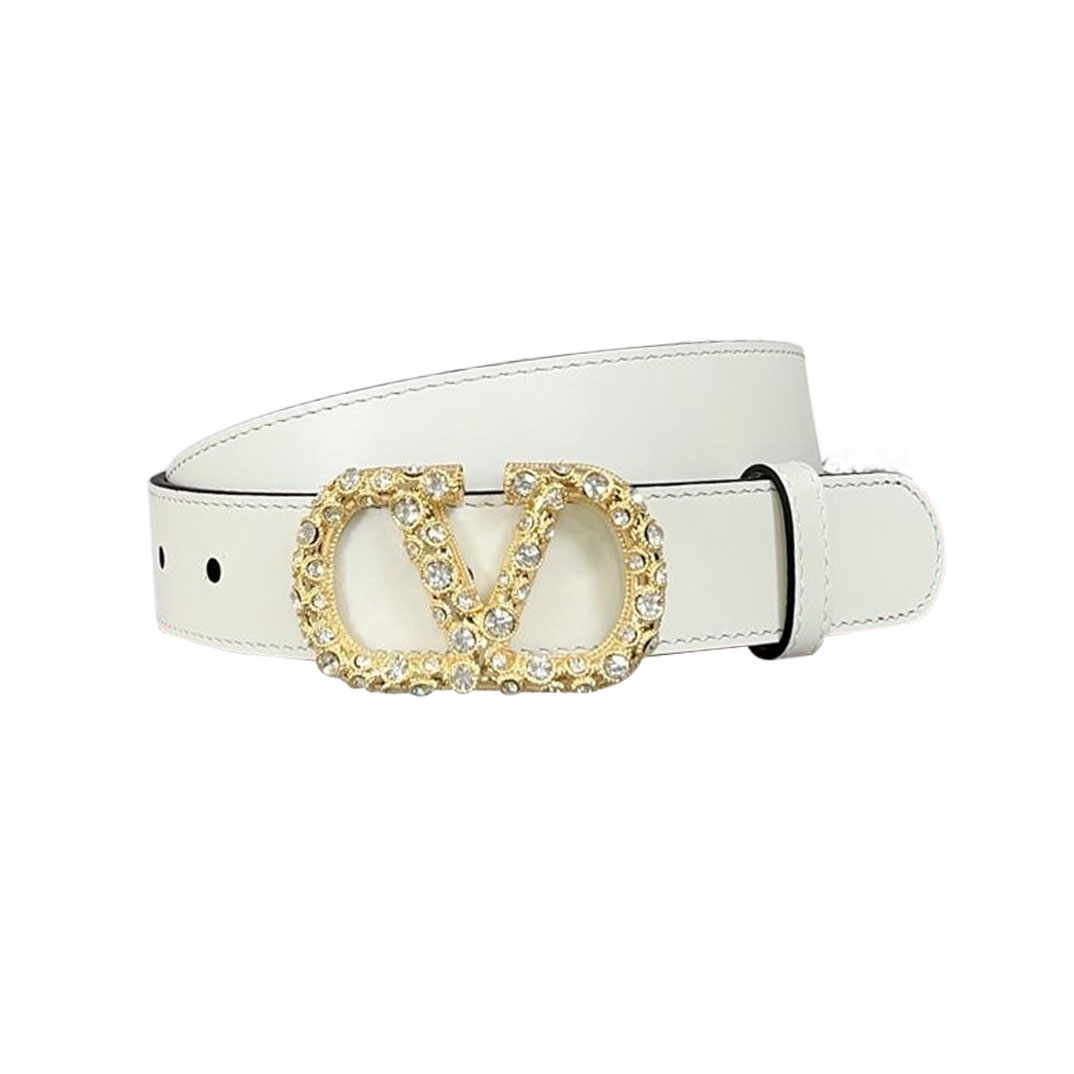 Valentino V Buckle With Crystal Belt In Black/Brown/Red/White Calfskin With Gold/Silver Hardware 30mm - 图片 7