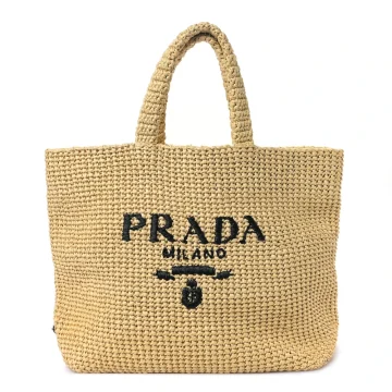 Prada Large Effect Crochet Embroidered Logo Tote Naturale Yarn Raffia