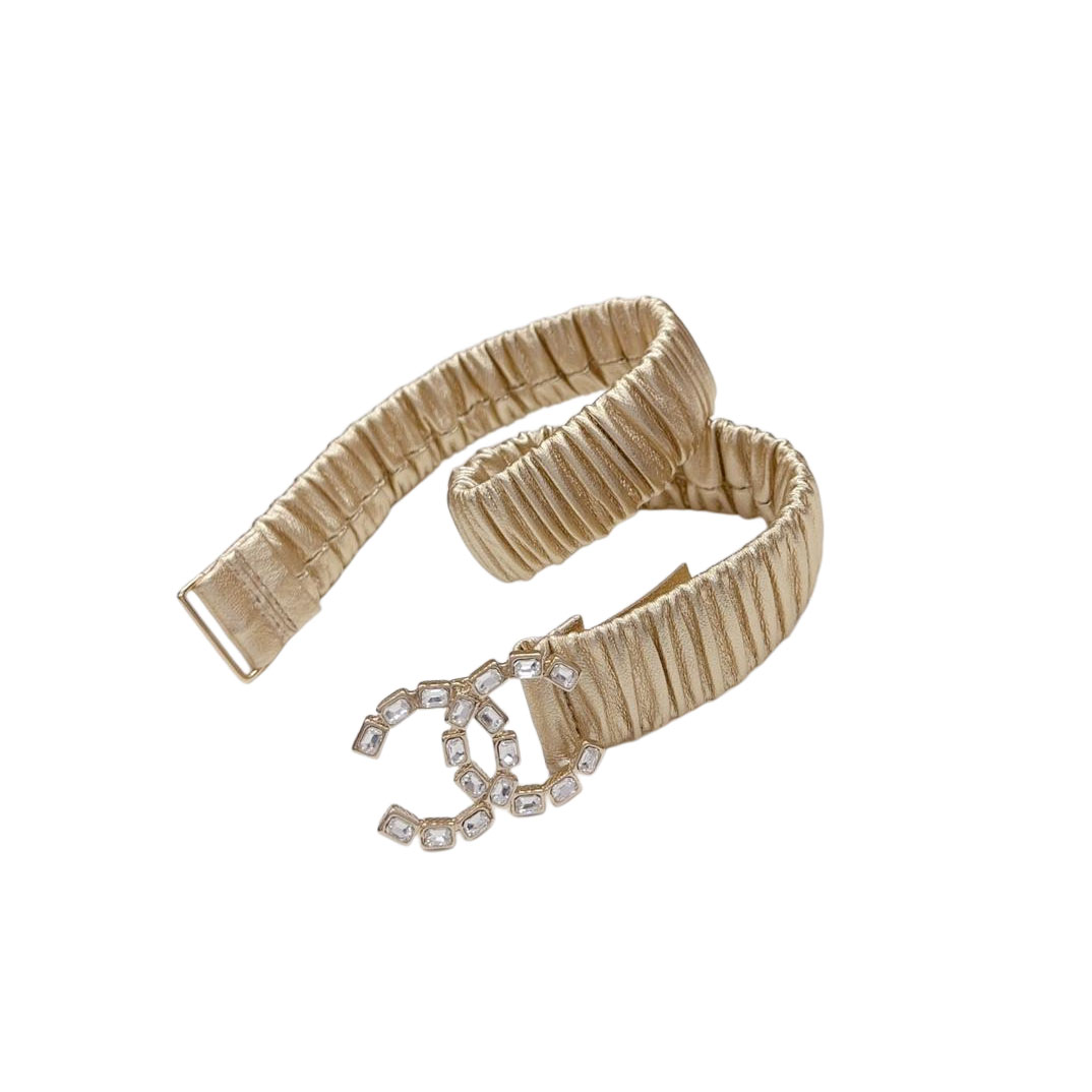 Chanel Women's CC Crystal Buckle Elastic Belt In Champagne Gold/Beige/Black/Red/Silver/Ivory/White Lambskin With Gold/Silver Hardware 30mm - 图片 2