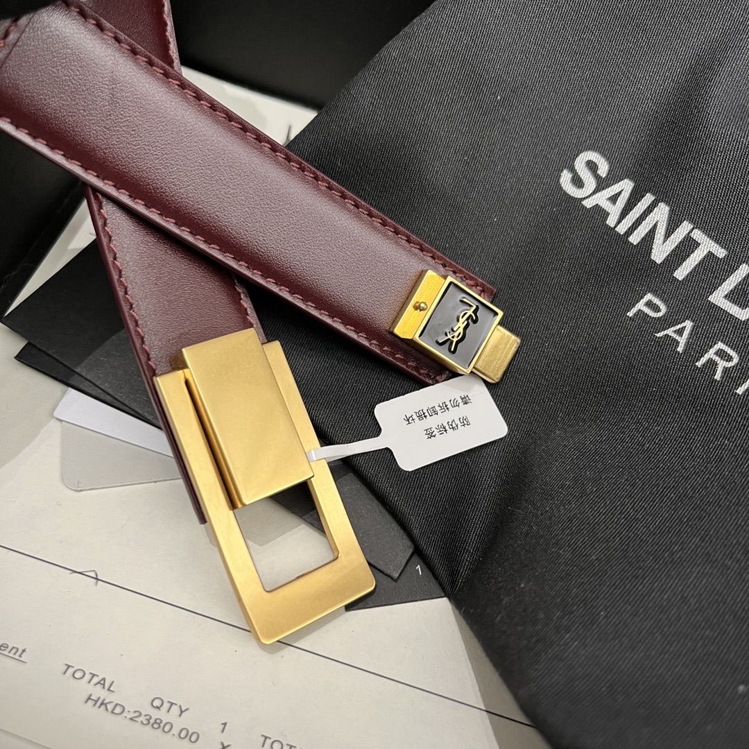 Saint Laurent Charniere Buckle Belt In Black/Burgundy Smooth Calfskin With Gold Hardware 30mm - 图片 6