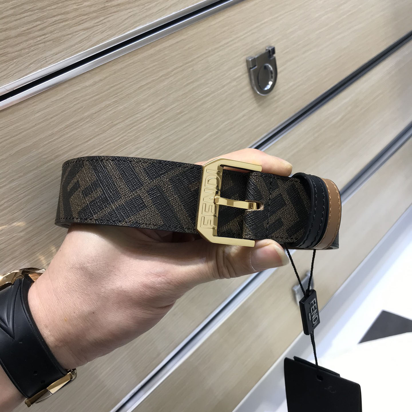 Fendi Men's Square Buckle Belt In Black/Brown Calfskin And Monogram Canvas With Gold/Silver Hardware 35mm - 图片 2