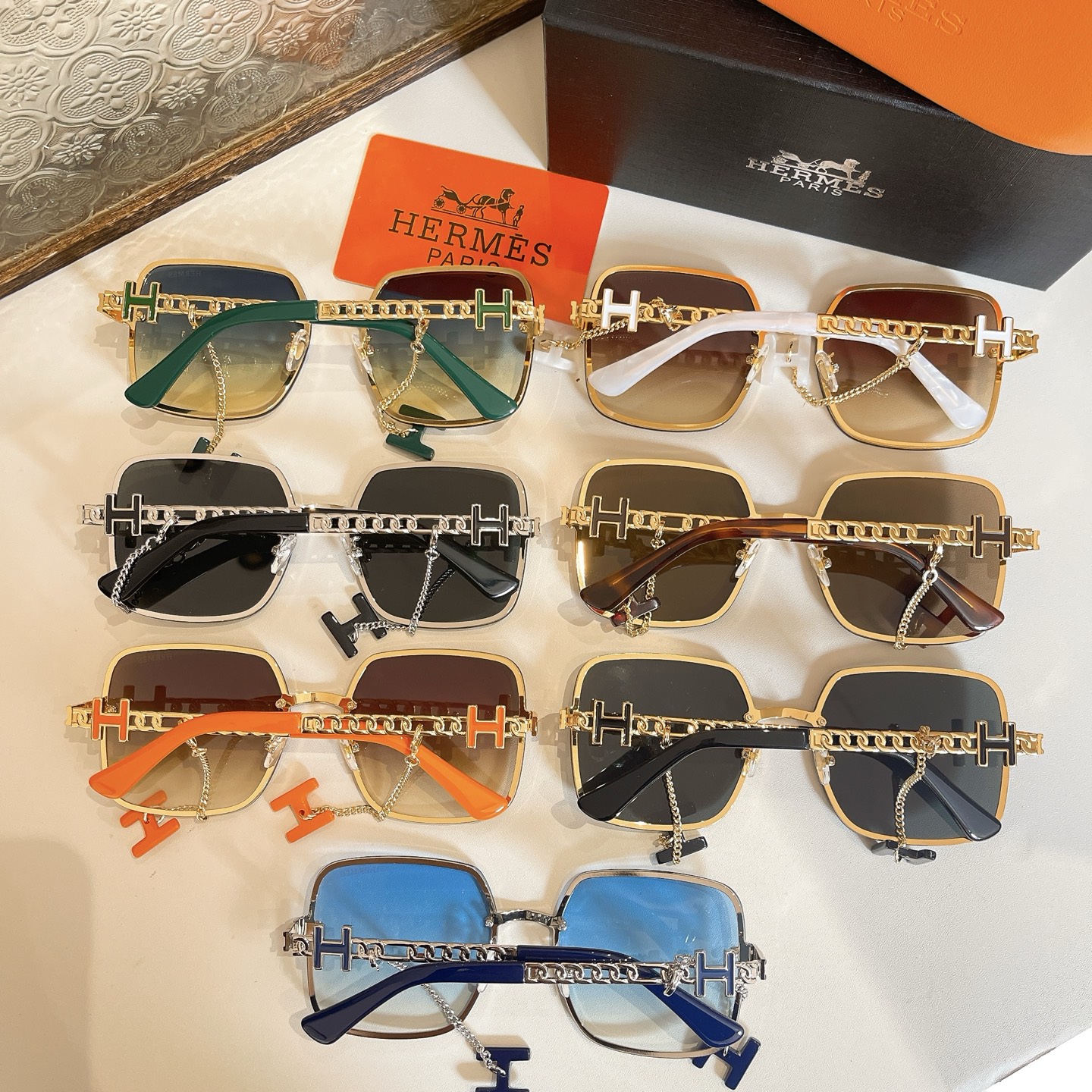 Hermès square frame glasses orange/green/white/black gold/black silver/blue/brown color Size 60口17-140 - 图片 8