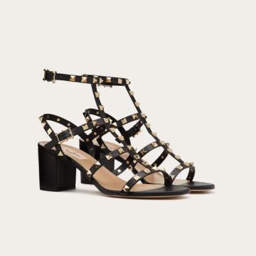 VALENTINO Black Wraparound ankle strap rivet sandals (heel height 6cm)
